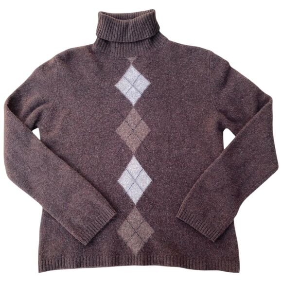 Deane & White Lambswool Argyle Turtleneck Sweater Brown Size L Cabincore - Picture 4 of 11